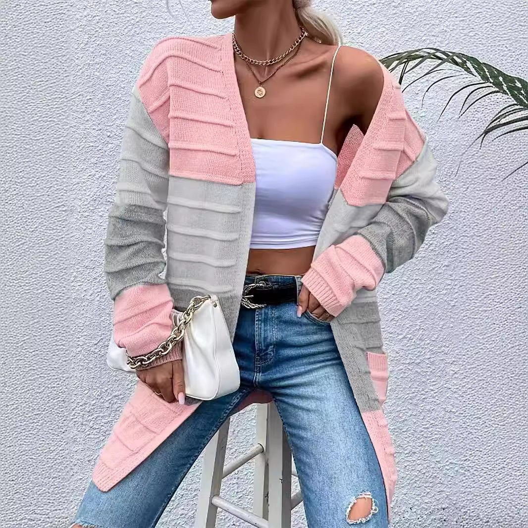 Amazon AliExpress Sweater Women's 2024 Fashion Jacket With Big Pockets Autumn And Winter Long Striped Color Matching Cardigan