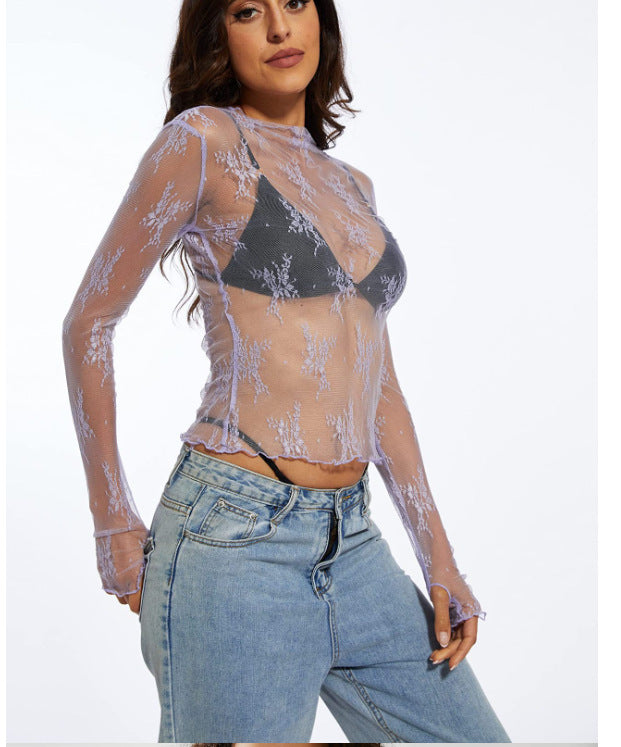 European And American Women's Clothing See-through Lace Top