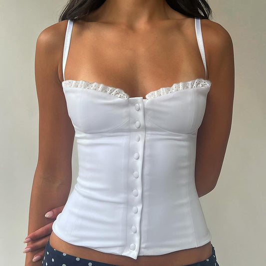 European And American Hot Girl Lace Waist Slimming White Top