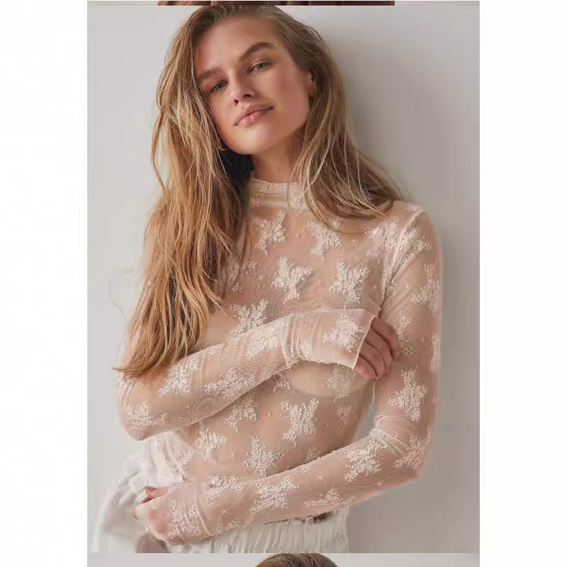 European And American Women's Clothing See-through Lace Top