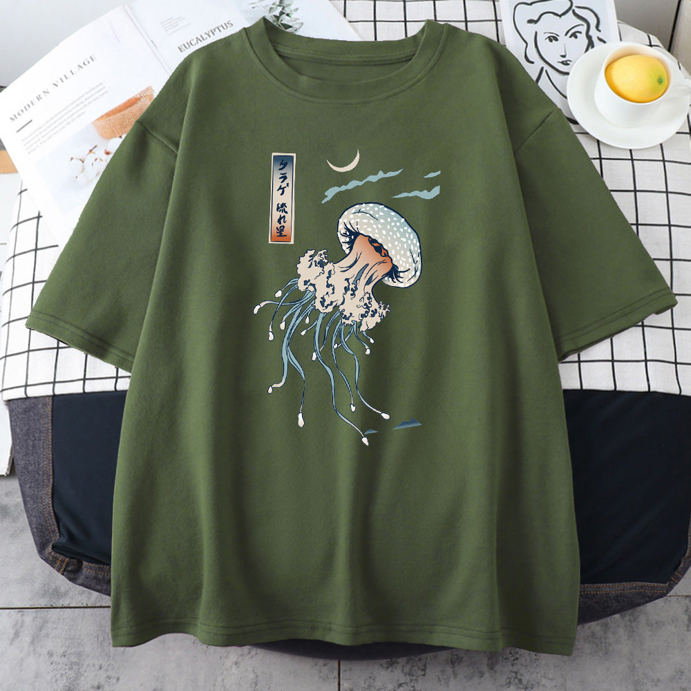 Swimming Color Jellyfish Printed Men's Cotton T-shirt