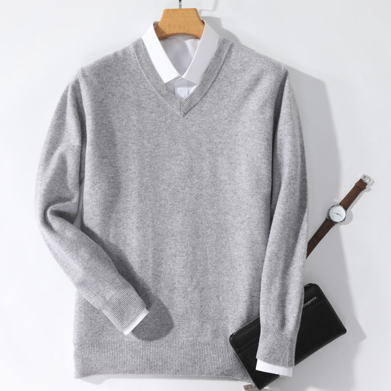 Men's V-neck Long Sleeved Solid Color Sweater