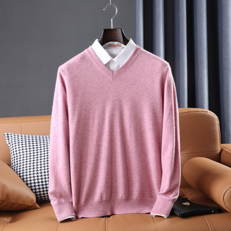 Men's V-neck Long Sleeved Solid Color Sweater