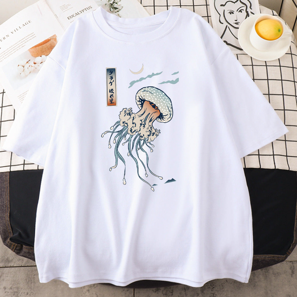 Swimming Color Jellyfish Printed Men's Cotton T-shirt