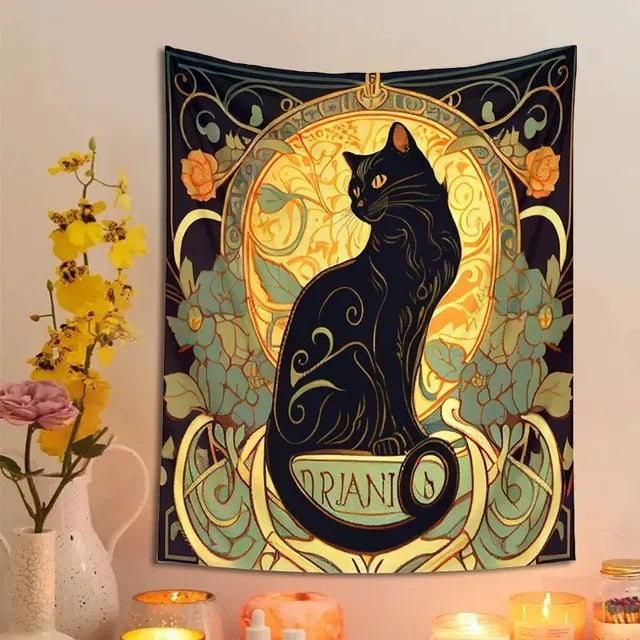 Magical Black Cat Tapestry Wall Hanging Art